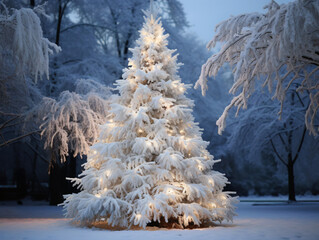 A Christmas tree in a snowy wood lit with fairy lights