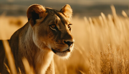 Majestic lioness walking in tranquil savannah, fur glistening in sunlight generated by AI