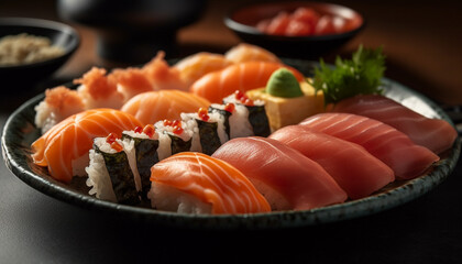 A gourmet seafood meal with fresh sashimi, nigiri, and maki generated by AI