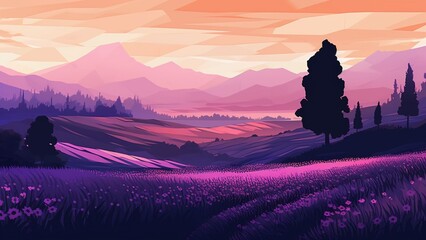 Lavender Field Landscape Wallpaper Illustration
