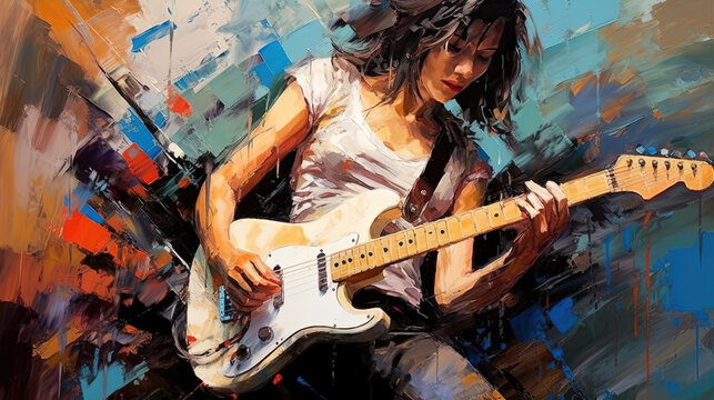 Fine Art Painting in Oil Mixed Style Brush Stroke of Beautiful Young Girl Playing a Guitar Vibrant Abstract Art