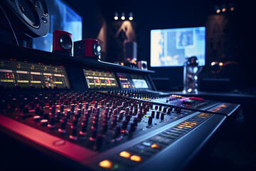 Modern interior of professional recording studio with music production equipment, sound mixing...