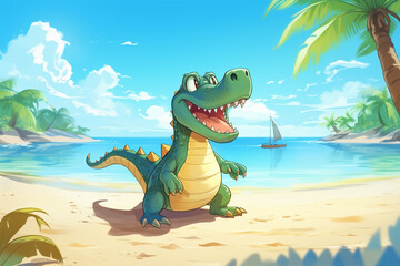 anime style scenery background, a crocodile on the beach