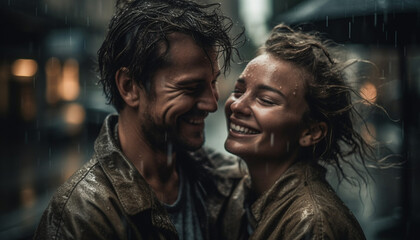 A carefree young couple embraces in the rain, enjoying togetherness generated by AI