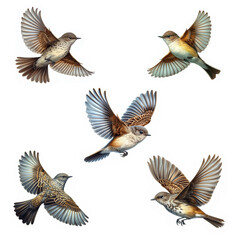 Fototapeta premium A set of Eastern Phoebes flying isolated on a white background