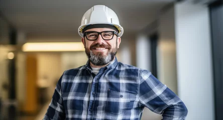 Fotobehang Portrait of a Smiling Male Engineer in a white helmet in Office or Construction Site, Factory. Happy Man Builder, Architect, Manager in a hardhat. Men at work © maxa0109