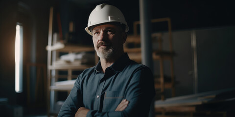 Man Engineer, Builder, Architect, Manager in a hardhat. Portrait of a Male Engineer with beard in a white helmet on a construction site, factory, workshop or warehouse. Men at work - obrazy, fototapety, plakaty