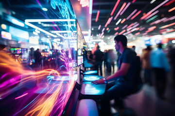 long exposure shot of World region gaming expo, gaming industry event or gaming competition amusement, with many blurred live-action players in motion - obrazy, fototapety, plakaty