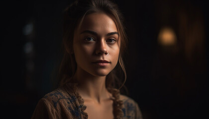 Confident young woman exudes sensuality in elegant fashion portrait generated by AI