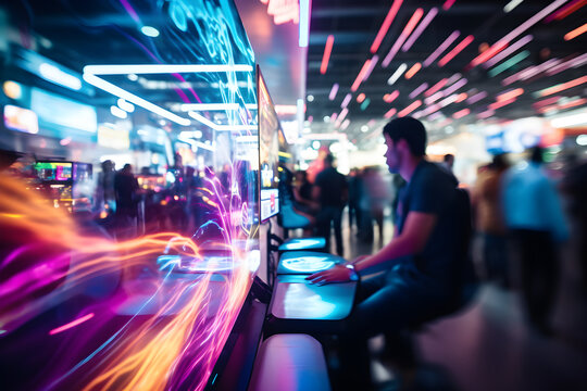 long exposure shot of World region gaming expo, gaming industry event or gaming competition amusement, with many blurred live-action players in motion