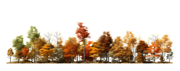 Landscape Autumn trees in the forest and foliage. Row of trees and shrubs. isolated on white and transparent background, ai generate