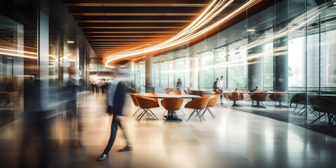 Long exposure shot of meeting room interior with blurred people in motion in modern office