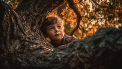 A cute Caucasian boy playing outdoors, hiding behind a tree generated by AI