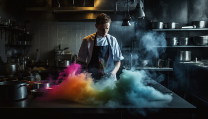 One young adult male chef mixing creativity in commercial kitchen generated by AI