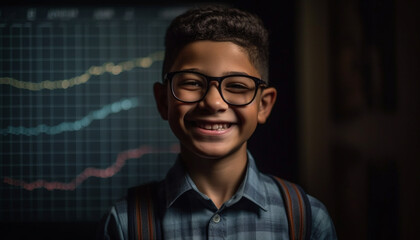 Cute schoolboy with eyeglasses smiling confidently for studio portrait generated by AI