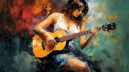 Antique Colorful Liquid Art Watercolor Illustration of Lady Guitarist Playing Guitar on Canvas