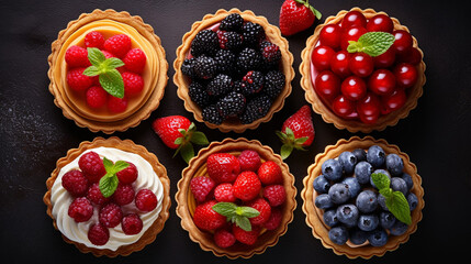 Many Different Berry Tarts on Table Top View - obrazy, fototapety, plakaty