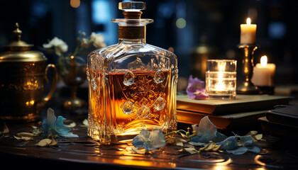 Fototapeta na wymiar Wooden candle lantern illuminates rustic bar with old fashioned whiskey bottles generated by AI