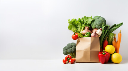 Amazing Paper Bag of Different Health Food on a White Background - obrazy, fototapety, plakaty