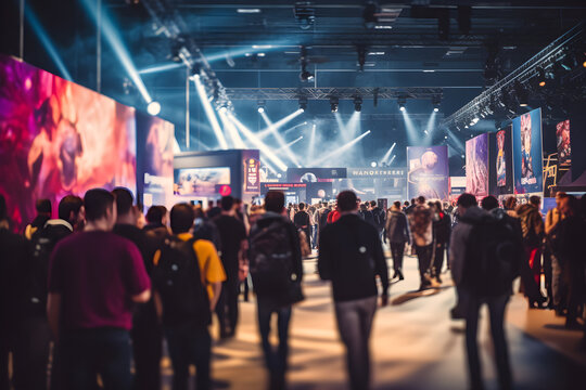 long exposre shot of World region gaming expo, gaming industry event or gaming competition amusement, with many blurred people walking