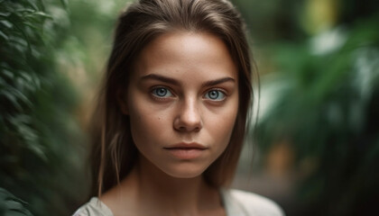 Naklejka premium One young adult woman, looking at camera, exuding confidence outdoors generated by AI