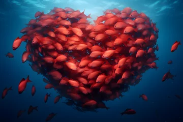 Fotobehang red heart shape shoal of colourful fish underwater © sam