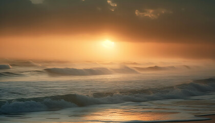 Fototapeta na wymiar The tranquil scene of the sun setting over the coastline generated by AI