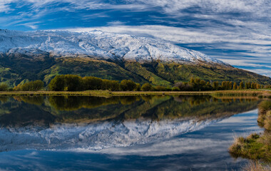 Snow mountains and reflection on lake in South Island, New Zealand