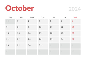 Monthly page Calendar Planner Templates of October 2024. Vector layout of simple calendar with week start Monday for print. Page for size A4 or 21x29.7 cm