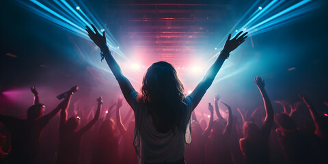 Girl DJ in club, people dancing in electronic music, techno or raving in laser spotlight. Night club crowd dance with hands up in cinematic photography style, depth of field, selective focus - Powered by Adobe
