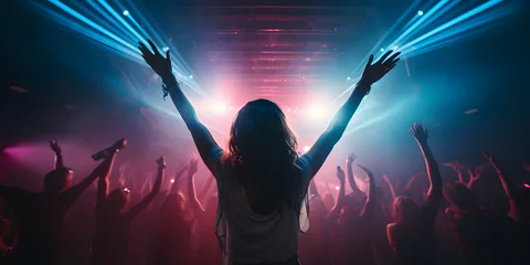 Foto op Plexiglas Girl DJ in club, people dancing in electronic music, techno or raving in laser spotlight. Night club crowd dance with hands up in cinematic photography style, depth of field, selective focus © sam