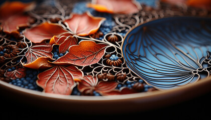 Autumn colors adorn the table with a homemade pottery collection generated by AI