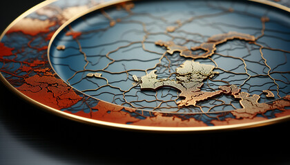 Fototapeta na wymiar Antique world map, rusty metal plate, damaged, grunge illustration generated by AI