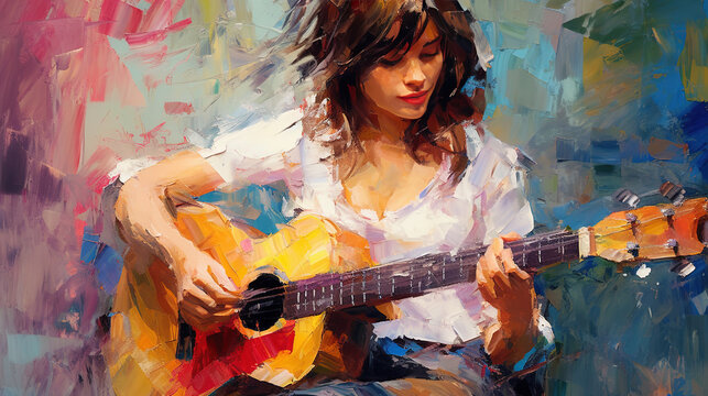 Stunning Oil Painting Liquid Art of A Beautiful Woman Guitar Player on The Canvas Abstract Background