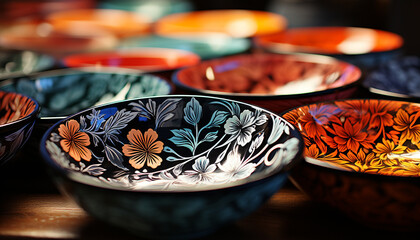 Vibrant colors adorn the ornate pottery, a cultural craft product generated by AI