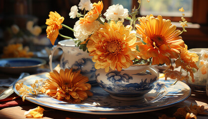 Vase holds fresh flowers on wooden table, bringing nature indoors generated by AI
