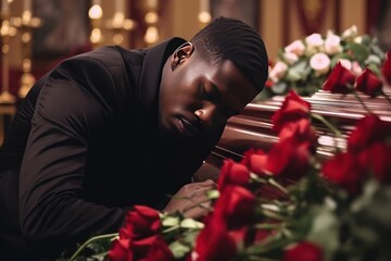 A young African American man says goodbye to a deceased man in a church. A coffin, flowers and a grieving relative are nearby. The pain of loss and leaving for a better world.