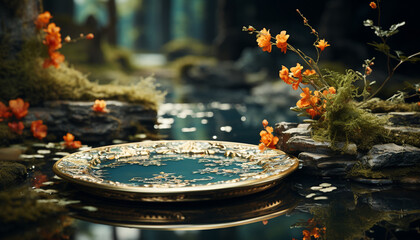 Tranquil scene  water, leaf, pond, plant, flower, fish, beauty generated by AI