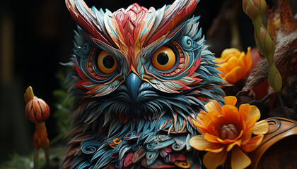 Fototapeta premium Vibrant colors depict a cute animal head in a spooky forest generated by AI