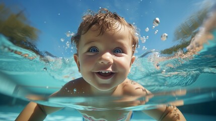 Fototapeta na wymiar Clear day, Happy baby have fun in swimming pool. toddler swimming under water, Funny child swim, dive in pool deep down underwater from poolside. Healthy lifestyle, people water sport activity