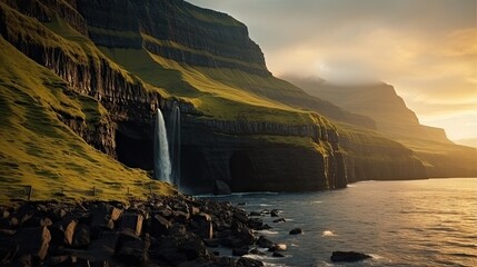 The Faroe Islands have steep cliffs. Seaside fjords, waterfalls and sunset meadows