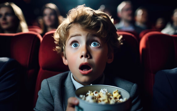 A child in a cinema with an amazed and a little scared look