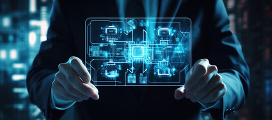 Fototapeta premium AI, Machine learning, Hands of human touching on digital earth, objects and technology , Science , artificial intelligence technology, innovation and futuristic abstract digital data