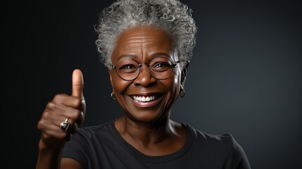 Positive woman showing thumb up on gray background. Emotion All good, no problems