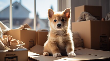 Fototapeta na wymiar Sweet puppie sits among cardboard boxes for moving to a new home. Relocation people and pets