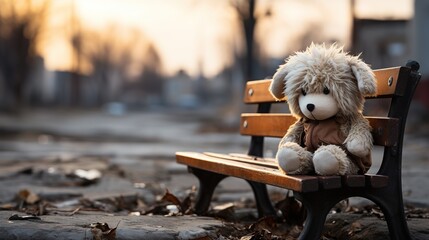 Very sad lost plush toy on a bench. Social problems loneliness and depression atmosphere - obrazy, fototapety, plakaty