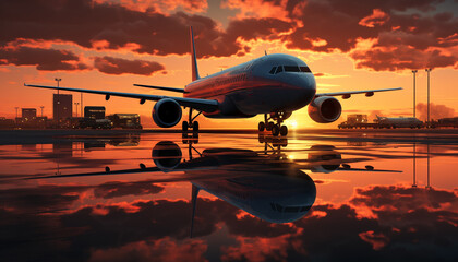 Fototapeta na wymiar Flying airplane reflects the sunset, transporting passengers in commercial travel generated by AI
