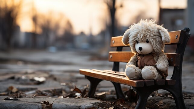 Very sad lost plush toy on a bench. Social problems loneliness and depression atmosphere