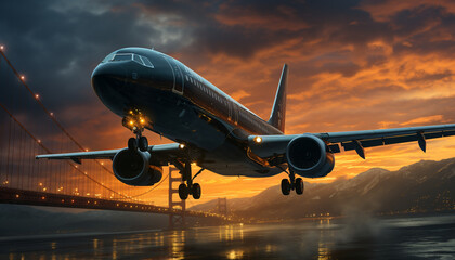 Fototapeta na wymiar Airplane taking off, flying through dusk, reflecting sunlight on wings generated by AI