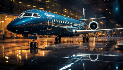 Night flight, modern luxury, speed through illuminated city, business travel generated by AI